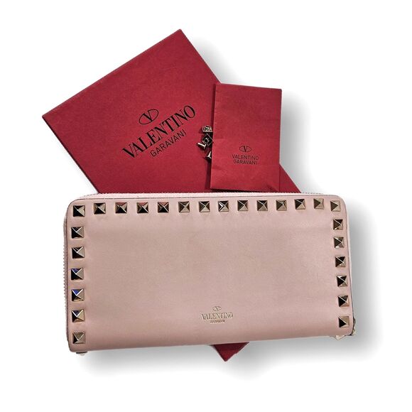 Valentino (Authentic) Soft Pink Leather Rockstud Continental Long Wallet w/ Box - Picture 1 of 14